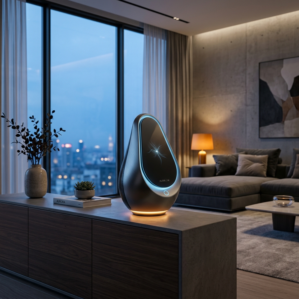 Sleek AI Companion Device in a Modern Living Room